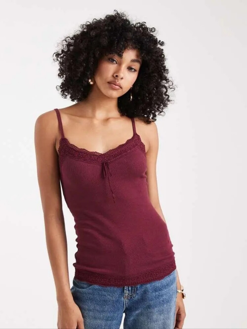 Hollister Y2K Lace Trim Pointelle Cami Top in BURGUNDY, Size MEDIUM